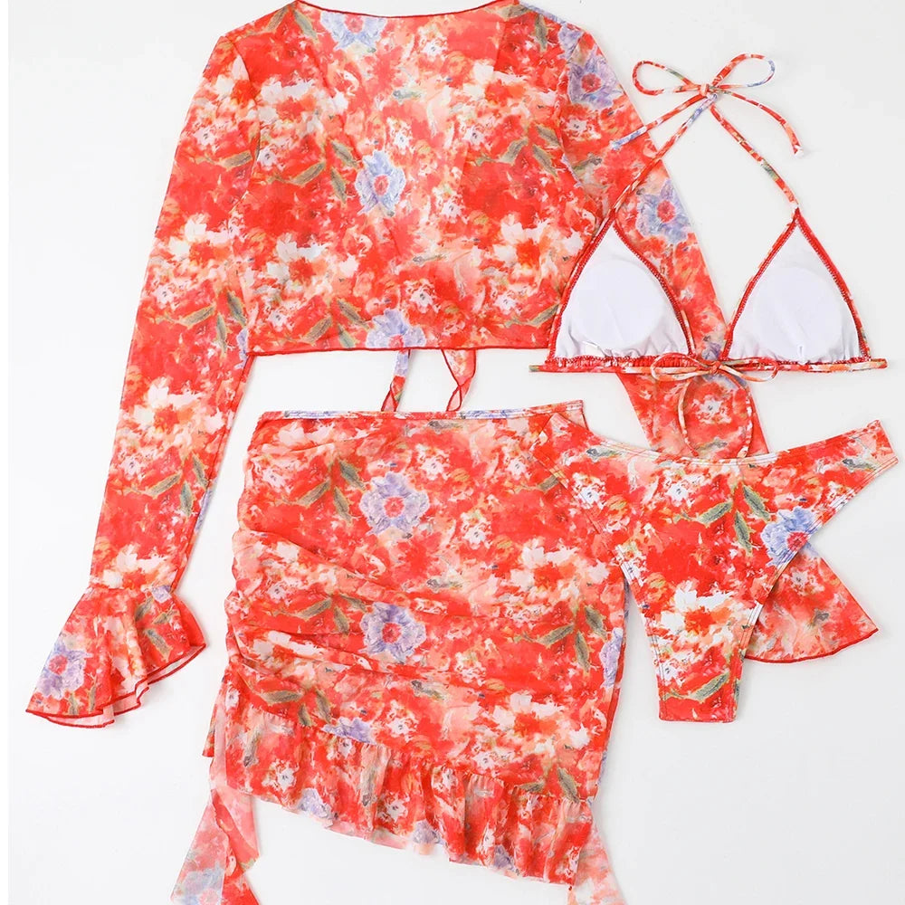 4 Pieces String Bikinis 2026 Women Sexy Swimwear Female Floral Swimsuit Bathers Bathing Swimming Swim Suit Beachwear Summer