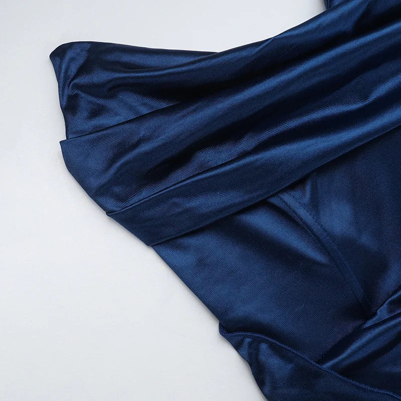Elegant Strapless Solid Evening Gown Chic Satin Corset Dress for Women V-neck Split Blue Long Dress Lady Summer Party Dress up