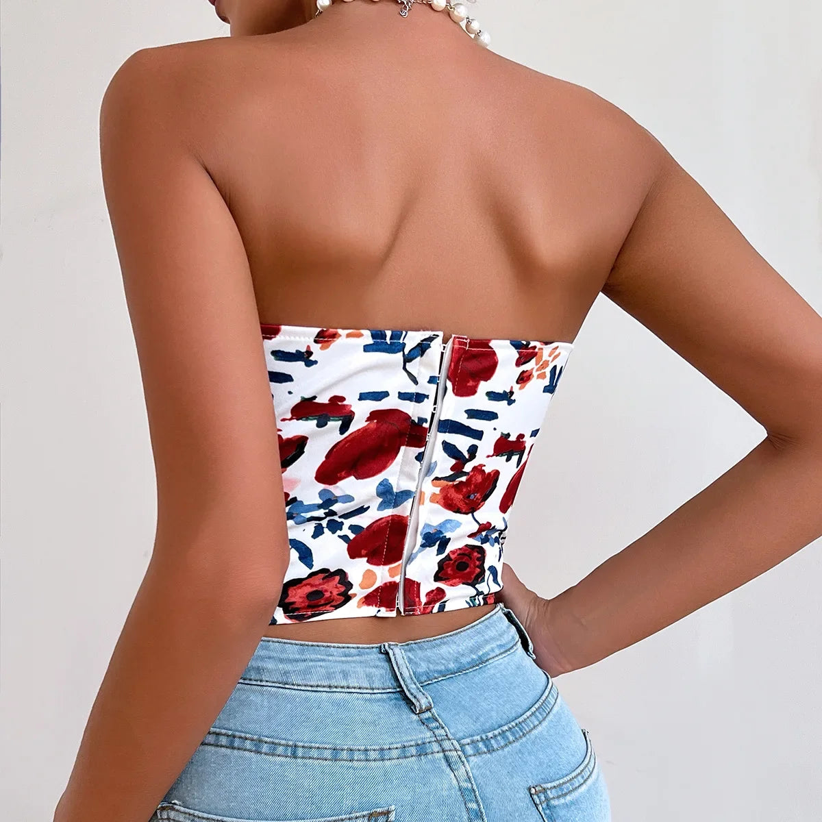Summer Women Floral Y2K Crop Tops Printed Sleeveless Fishbone Corset Woman Sexy Backless Slim Strapless Streetwear Camisole
