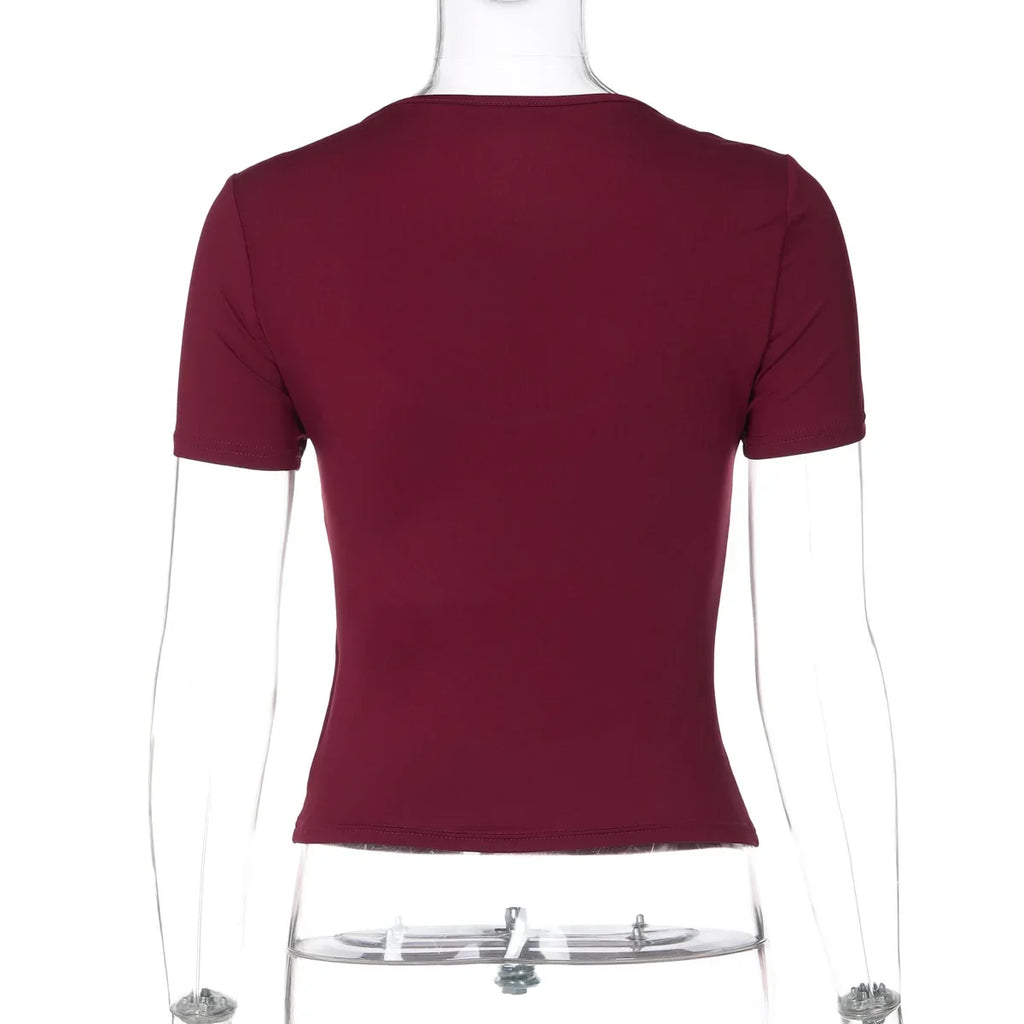 FDYOUI Women's Fashion Lace Patchwork T-shirt Streetwear Ladies Sexy Short Sleeve Bandage Tops Tees Y2K Slim Corset T Shirts