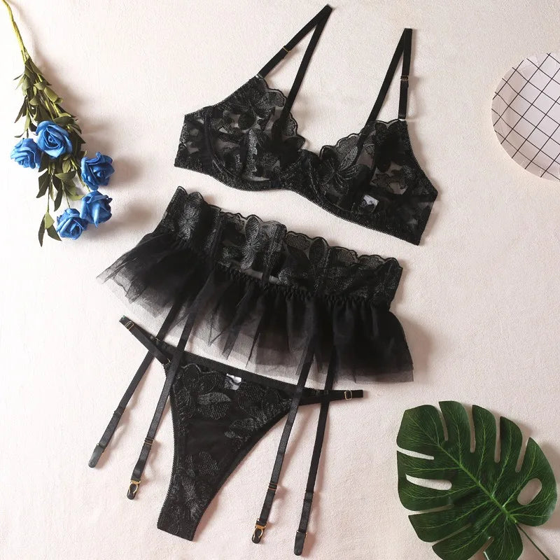 Toucheart 3 Piece Set Lingerie Garter Sets Lingerie For Woman Sexy Mini Skirt See-Through Embroidered Bra Erotic Underwear New