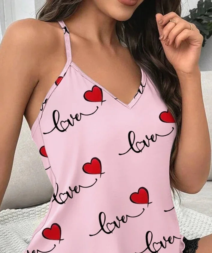 Summer Sleepwear Women's Casual 2 Pieces Pajamas Set Sleeveless V-Neck Heart Print Cami Tops and Shorts Set Loungewear