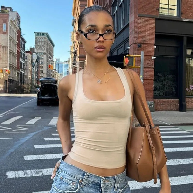 Women's Fashion Solid Tank Tops 2026 Streetwear Sleeveless T-shirt Female Square Collar Skinny Corset Y2K Girls Gray Crop Top