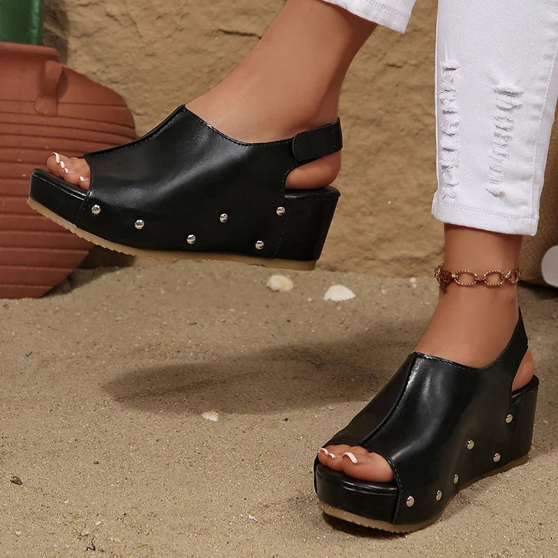 Black Pu Leather Wedge Heel Sandals Women Rivets Back Strap Platform Sandles Woman Plus Size 43 Thick Sole Rome Sandalias Mujer