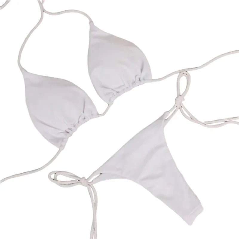 2025 Sexy Halter Solid Color Bikini Set Women's Swimsuit Two-Piece Triangle Thong Swimwear Bathing Suit for Beach Biquinis