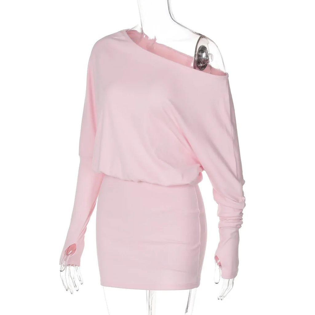 Woman Clothes Diagonal Collar Long Sleeve Package Hip Short Dress Streetwear Black Pink High Waist Tunics Slim Party Dresses