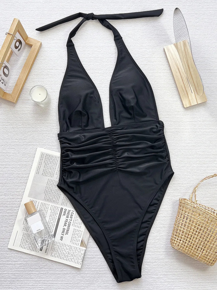 V Neck Halter Wrinkled Women Swimwear One Piece Swimsuit Female High Cut Backless Monokini Bather Bathing Suit Swim Beachwear