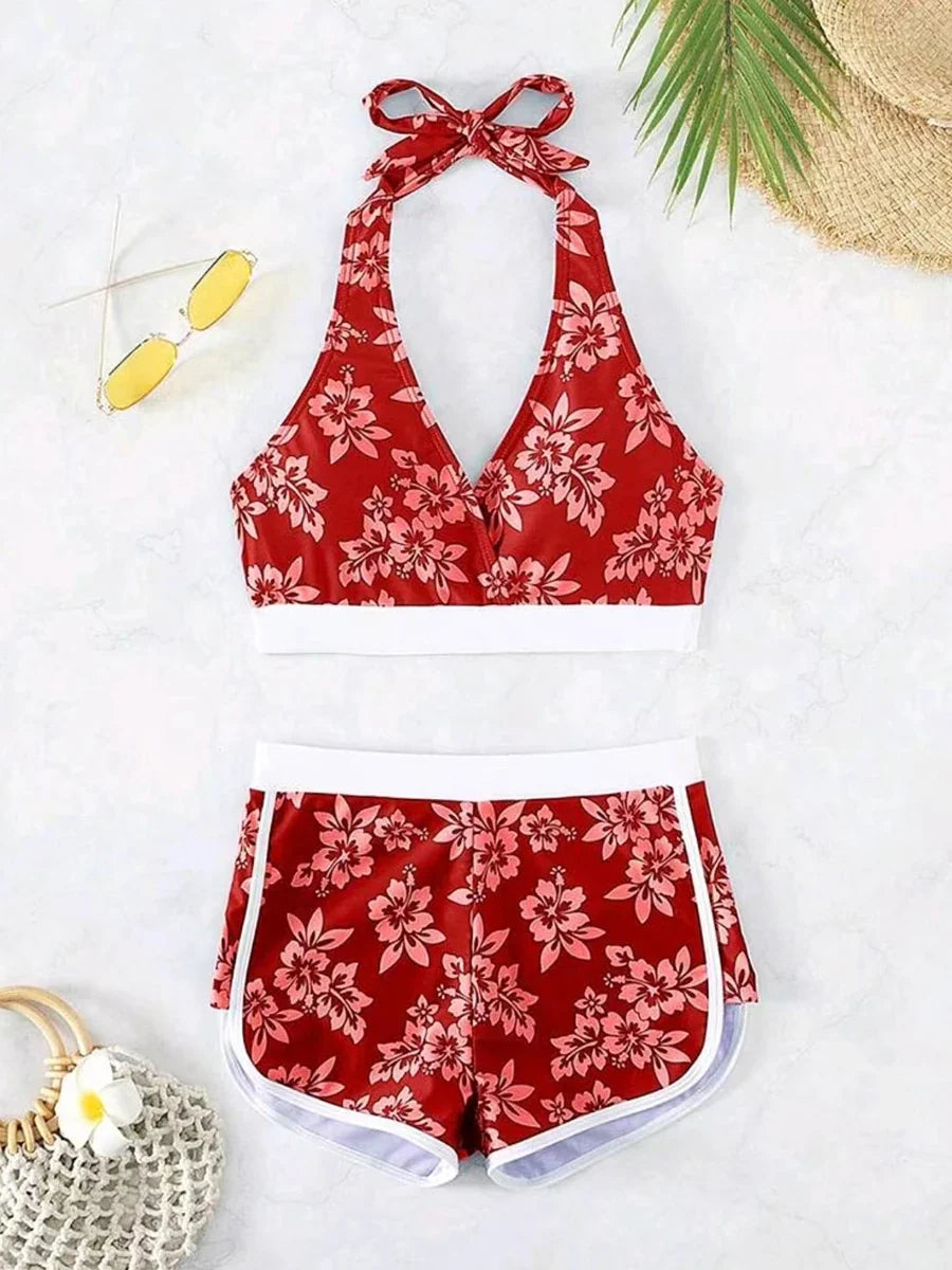 2026 Halter Sporty Bikinis Printed Swimsuit Women High Waist Shorts Swimwear Female Bathers Bathing Swimming Swim Suit Beachwear