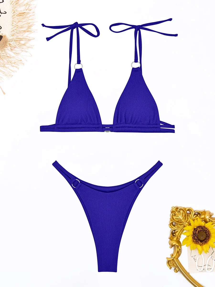 Ring Link Bikini 2025 Solid Sexy Swimsuit Women Padded Swimwear Female Bathers Bathing Swimming Swim Suit Beachwear