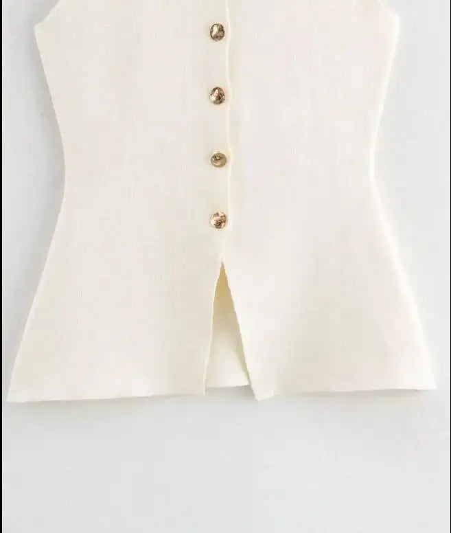 Women's Sleeveless Knit Top With Metal Buttons White Sleeveless Button Down Vest And Maxi Skirt Two Piece Set For Women S7XY