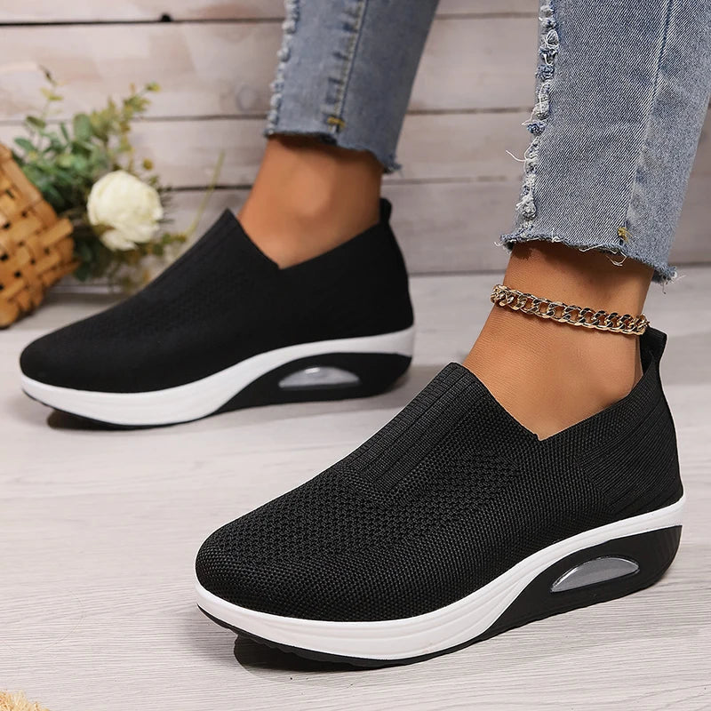 Breathable Knit Wedges Sneakers Woman Spring Autumn Slip On Platform Sport Sneakers Woman Plus Size Thick Sole Walking Shoes