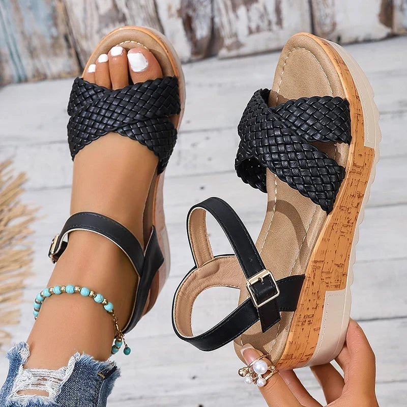 Women's Braided Platform Sandals 2025 Summer Chunky Wedges Gladiator Sandals Woman Ankle Straps Vacation Casual Beach Sandles