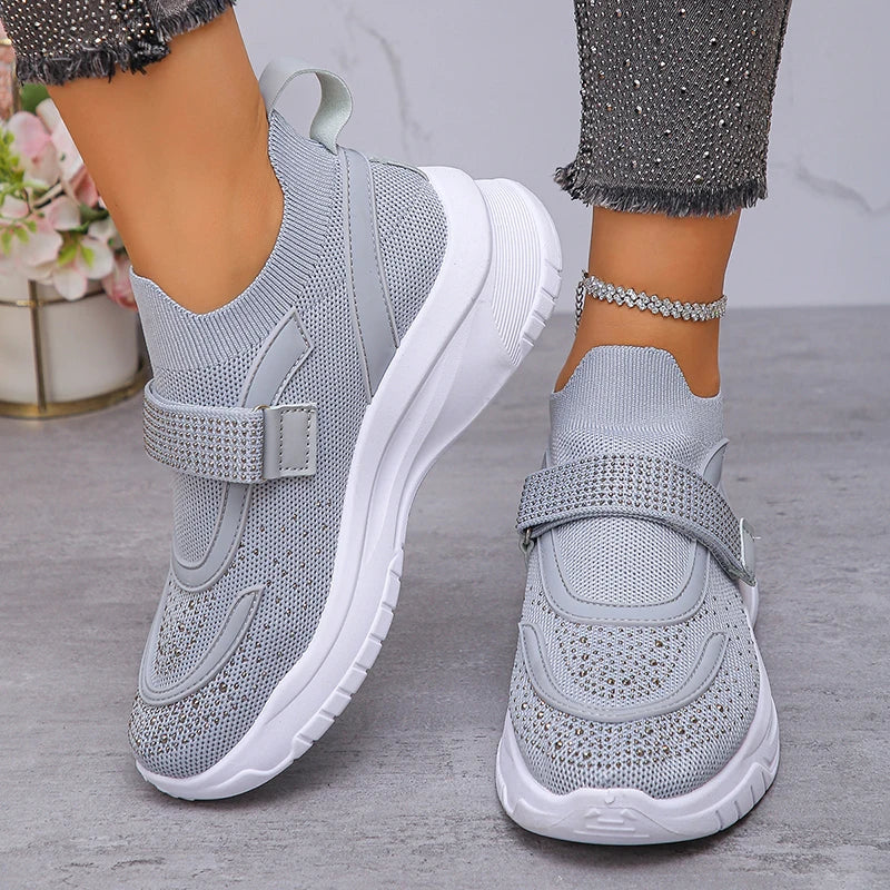 Shiny Crystal White Platform Sneakers Women Comfort Knitted Breathable Walking Shoes Woman Casual Non-Slip Sport Shoes Ladies
