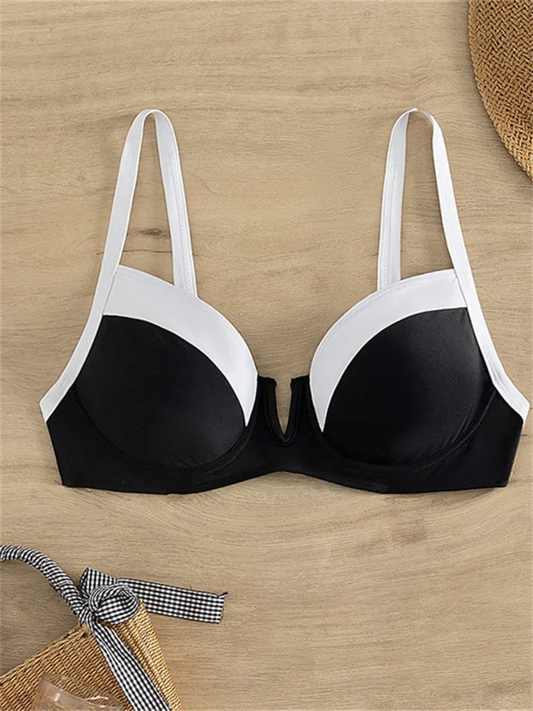 Sexy Black White Patchwork Bikini 2024 Women Halter V Underwire Push Up Micro Swimsuit Beach Bathing Suit High Waist Swimwear