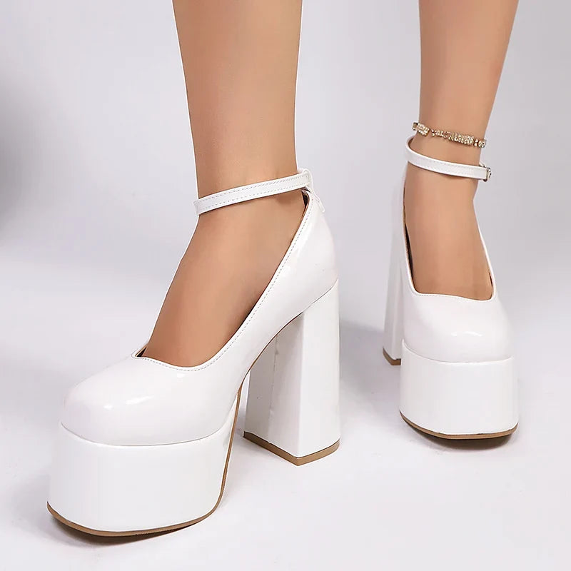 Fashion Chunky Heel Mary Jane Shoes Women Ankle Strap Thick Platform Pumps Woman Plus Size Super High Heels Party Wedding Shoes