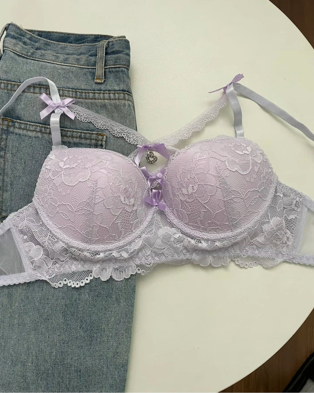 MOYISU Kawaii Heart Bra Set, Purple Lace Lingerie Sexy Pure Design, Push Up Bralette Sml Boobs Fashion Outerwear Statement Piece