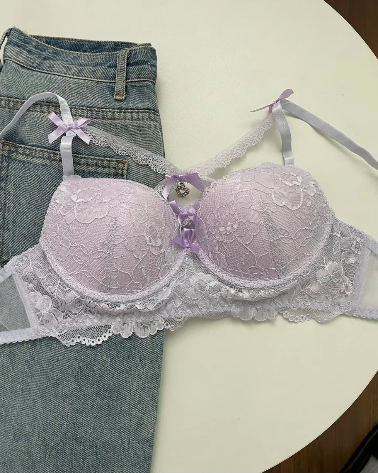 MOYISU Kawaii Heart Bra Set, Purple Lace Lingerie Sexy Pure Design, Push Up Bralette Sml Boobs Fashion Outerwear Statement Piece