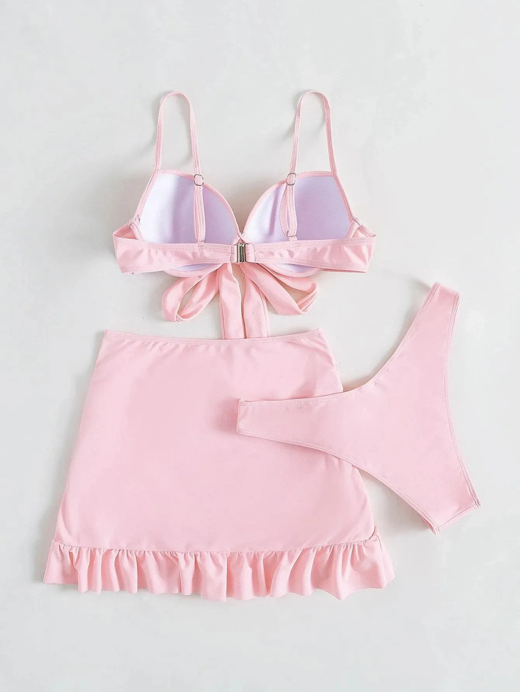 Women solid tie bow push up bikini sets three pieces with wrinkled ruffles mini skirt swimsuit bathing suit beach outfits