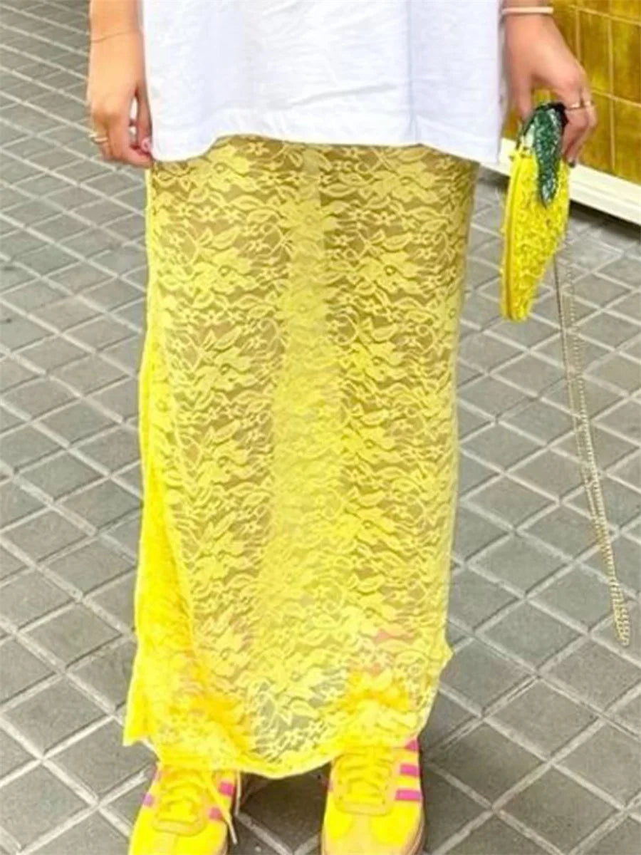 Women's Summer Lace Long Skirts Elegant Low Waist Solid Color See-Through Midi Skirts Slim Fit Skirts