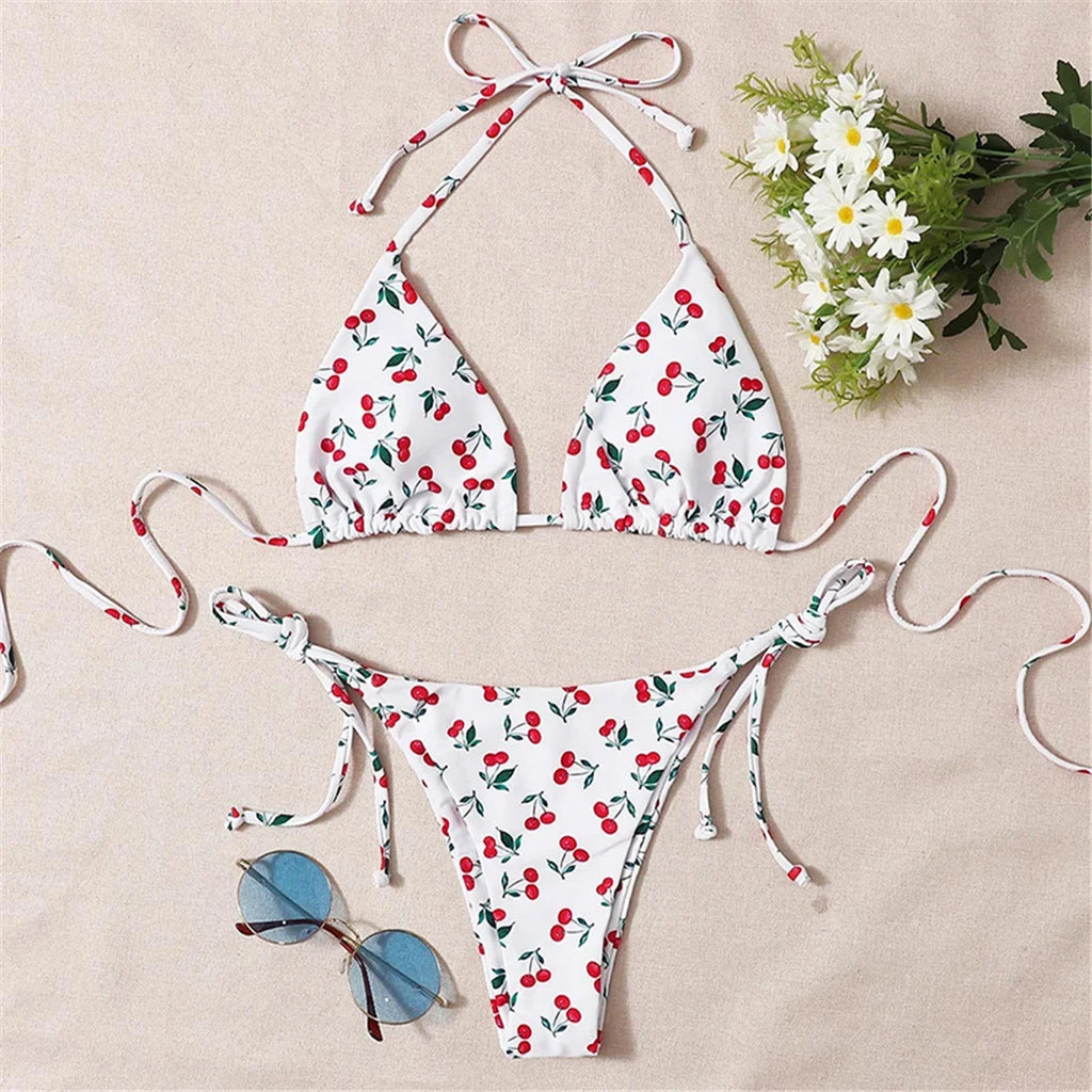 XS - L Cherry Printed Halter Strappy Bikini Female Swimsuit Women Swimwear Two-Pieces Bikini Set Bather Bathing Suit Swim V4894