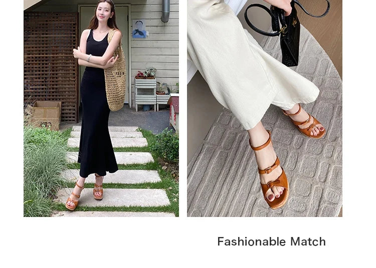 Women’s Sandals Cowhide Shoes Thick Platform Heel Sandals Elegant Lady Summer Apricot High Heel Peep Toe Buckle Sandals