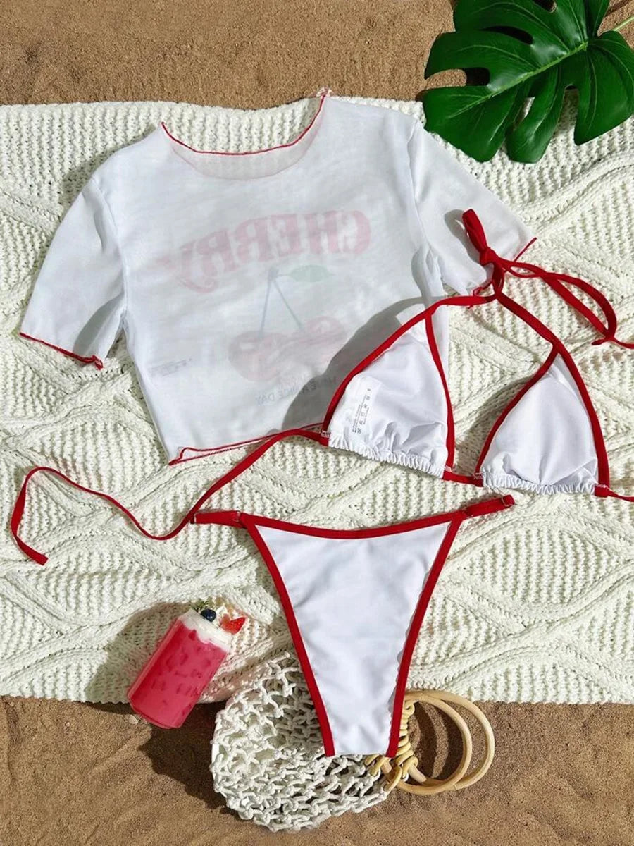 Cherry Print Mesh Short Sleeve Mini Bikini Female Swimsuit Women Swimwear Three-pieces Bikini Set Bathing Suit Swim Beachwear
