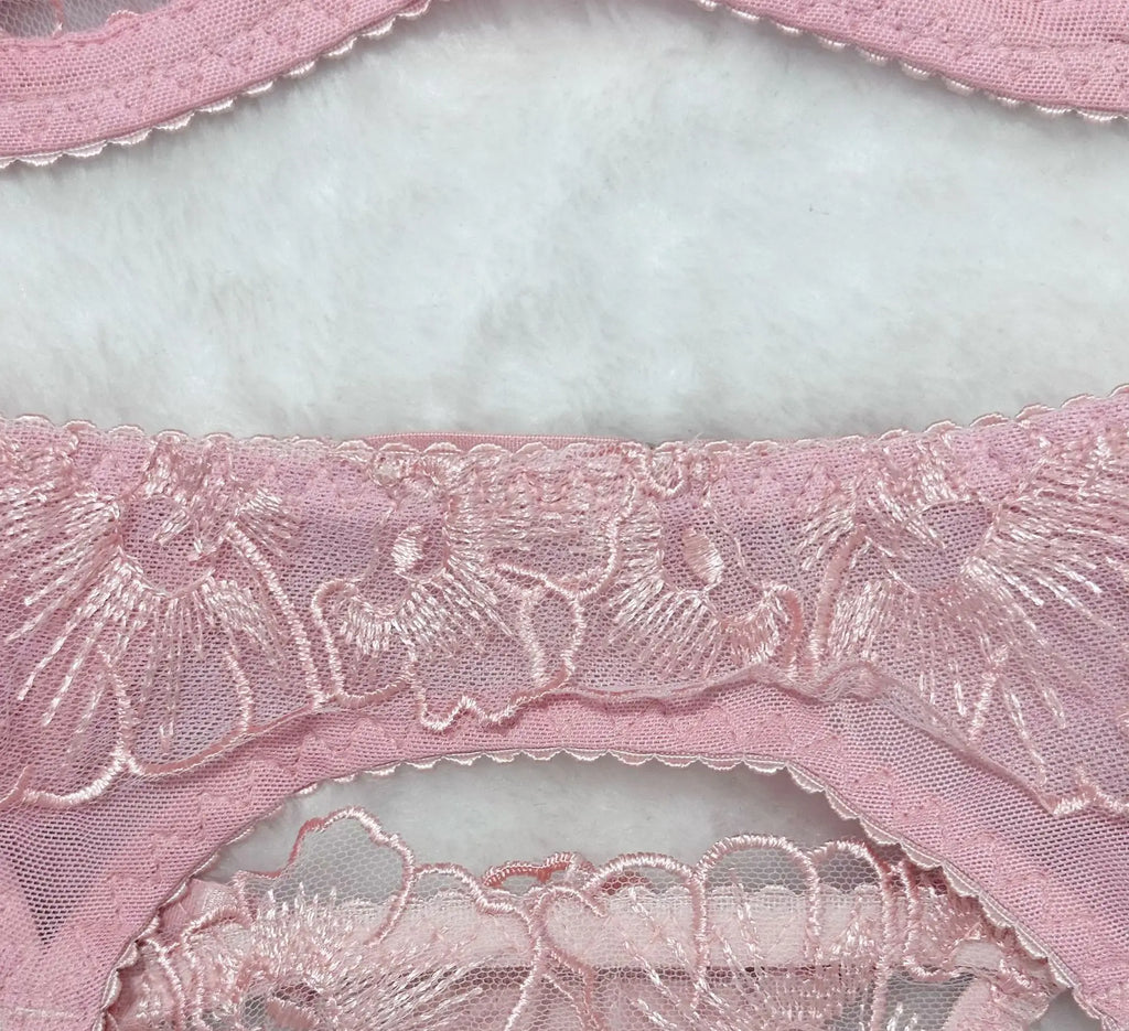 sexy lingerie embroidered see-through mesh bra with underwire four-piece set