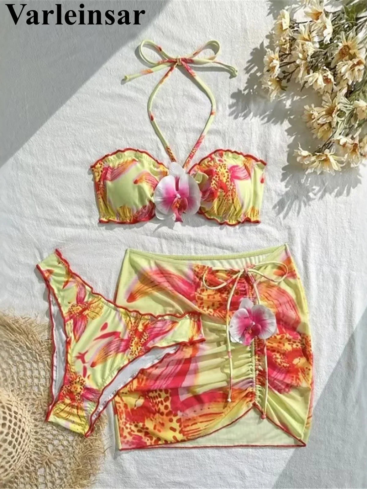 S - XL 3D Flowers With Skirt Halter Bikini Three-pieces Bikini set Female Swimsuit Bathing Suit Women Swimwear Bather Swim V7324
