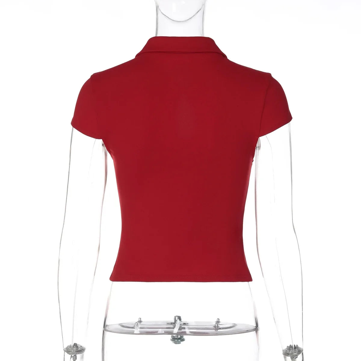 FDYOUI 2026 Women's T-shirts Turn-down Collar Single Breasted Short Sleeve Crop Tops Female Hollow Out Red Tee Shirt Streetwear