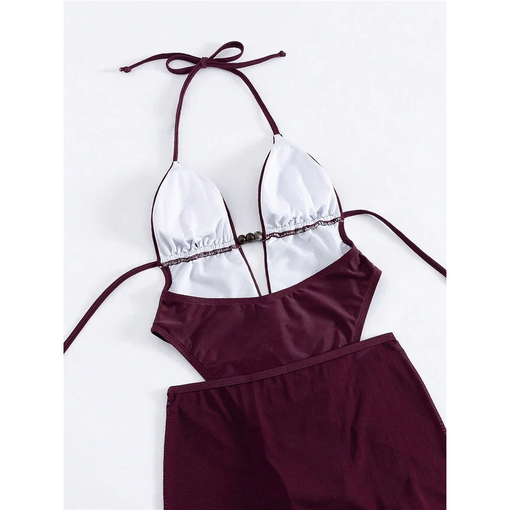 Sexy With Skirt Halter Deep V Neck Women Swimwear One Piece Swimsuit Female High Leg Cut Backless Bather Bathing Suit Swim V8112