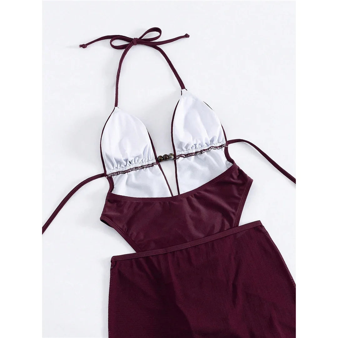 Sexy With Skirt Halter Deep V Neck Women Swimwear One Piece Swimsuit Female High Leg Cut Backless Bather Bathing Suit Swim V8112