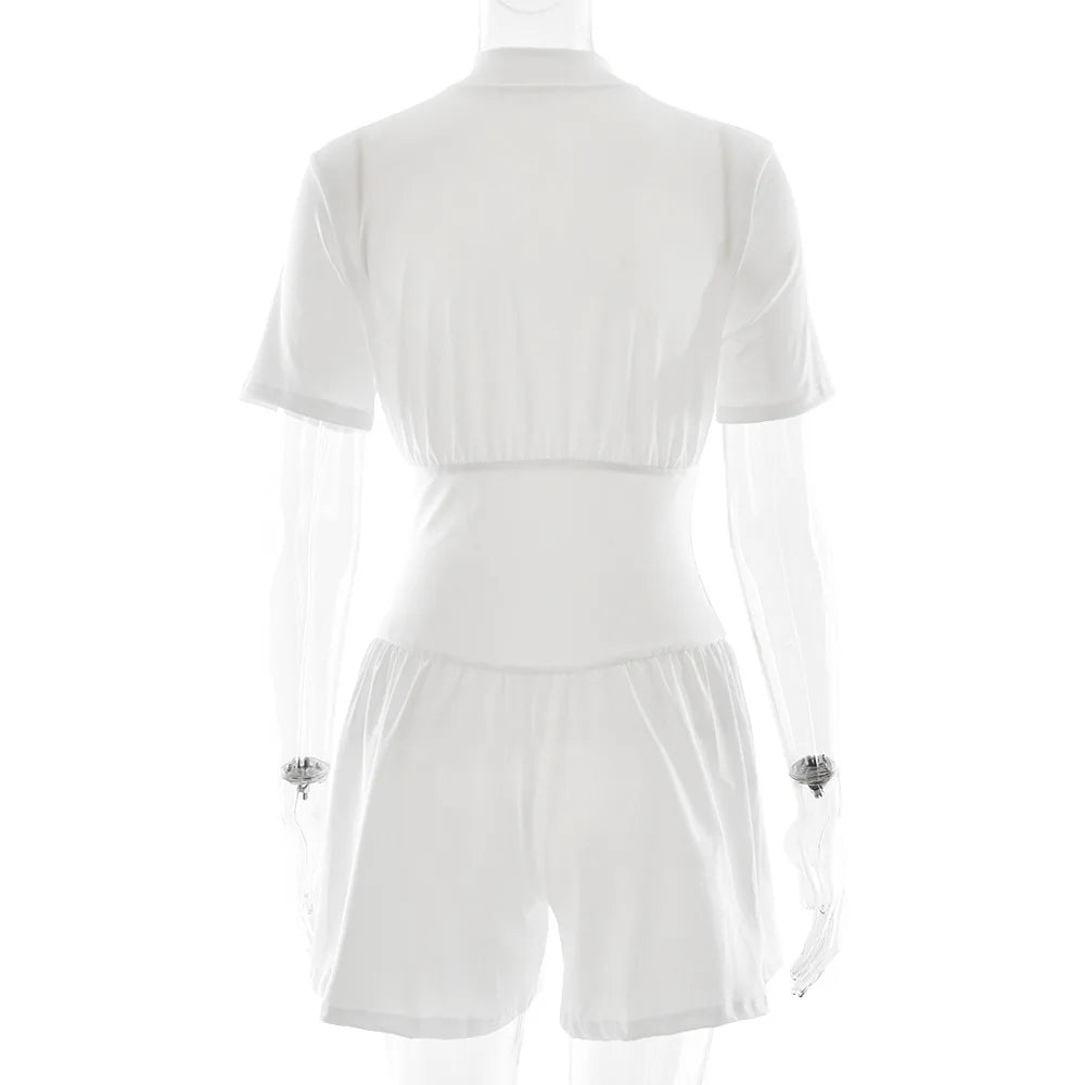 FDYOUI New 2026 Summer Zip-up Corset Playsuits Women Casual Short Sleeve Sports Fitness Overalls One Piece Tunics Yoga Bodysuit