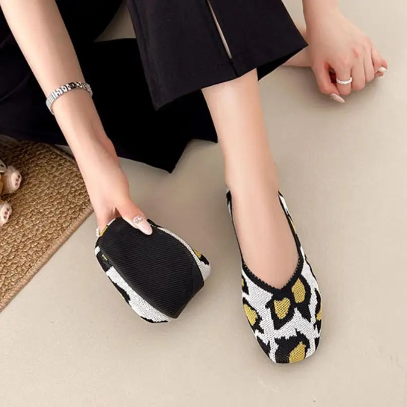 Leopard Color Square Toe Knitted Loafers Women Leisure Flat Shoes Soft Bottom Shallow Ballet Flats Casual Slip on Boat Shoes