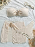 With Skirt Wrinkled Bandeau Bikini Female Swimsuit Women Swimwear Three-pieces Bikini Set Metal Ring Bathing Suit Swim Beachwear