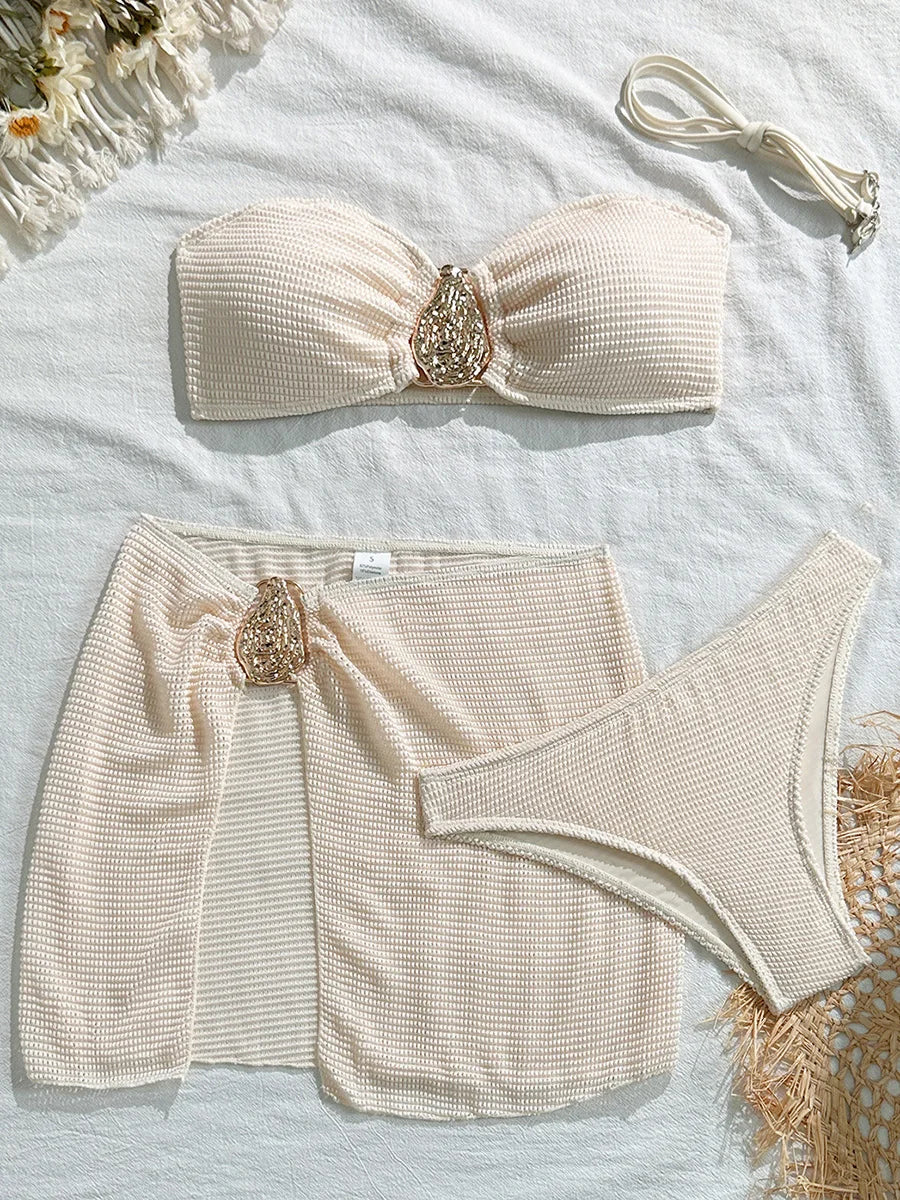 With Skirt Wrinkled Bandeau Bikini Female Swimsuit Women Swimwear Three-pieces Bikini Set Metal Ring Bathing Suit Swim Beachwear