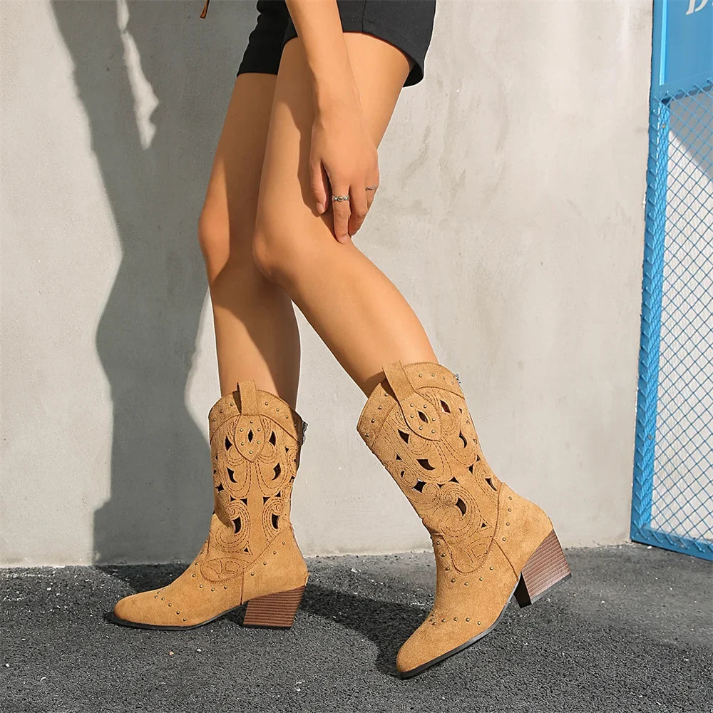 Big Size 43 Women's Wasteland Western Cutout Vegan Suede Cowboy Boots with Rivets 6cm Block Heel Summer Mid-Calf Boots Shoes