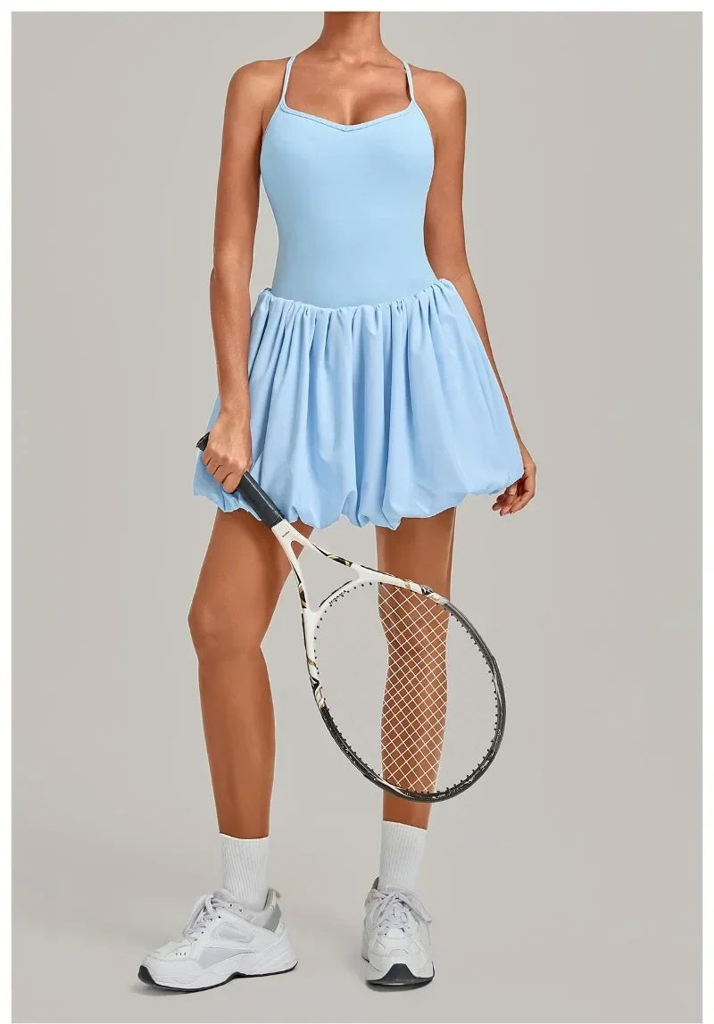 Women's Tennis Skirt Dress Sports Fitness Golf Beautiful Back Slim-fit One-Piece Training Workout Gym Anti-exposure Yoga Dress