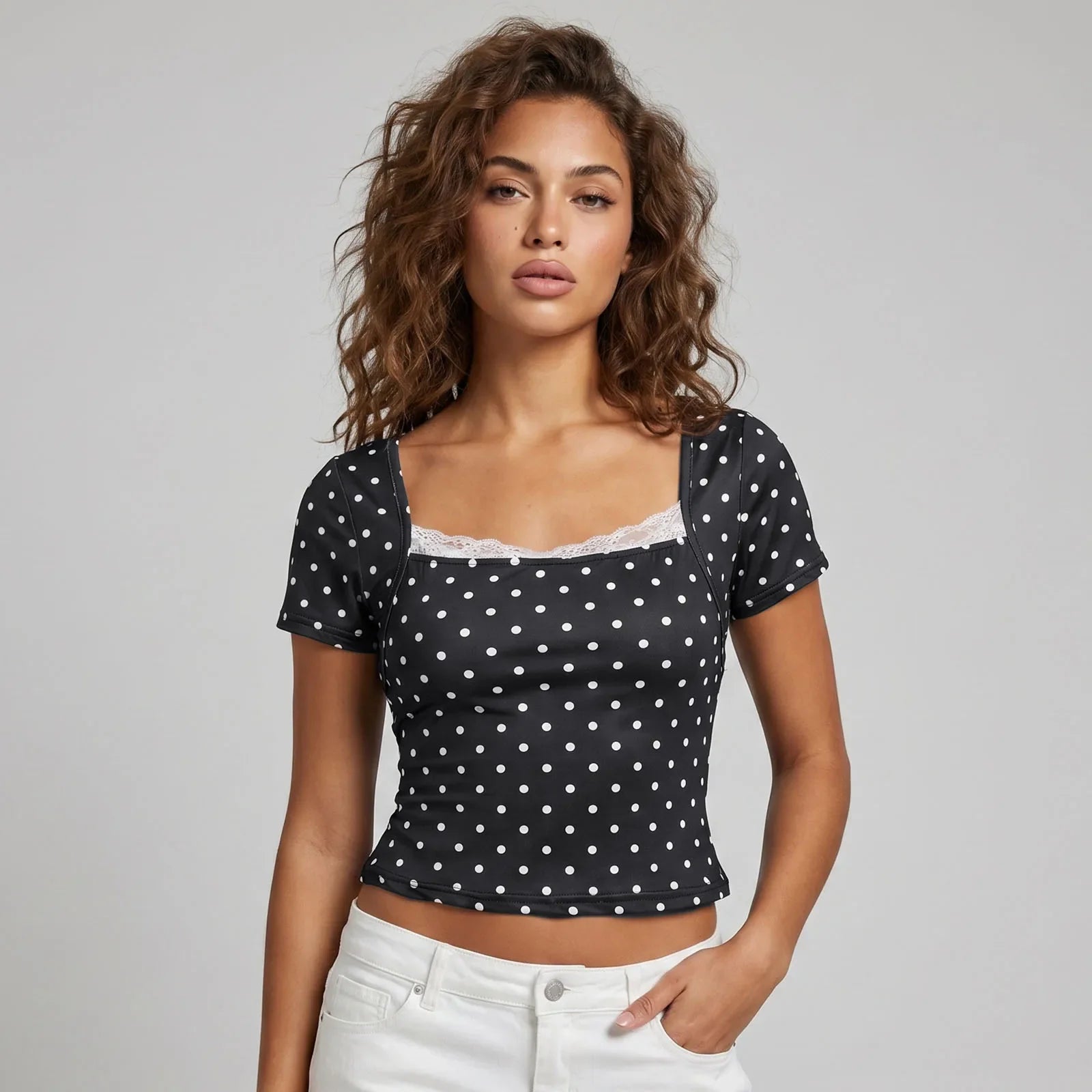 2026 Summer Women Lace Trim T-shirt Square Neck Short Sleeve Slim Fit Cropped Tops Trendy Daily Casual Retro Shirts