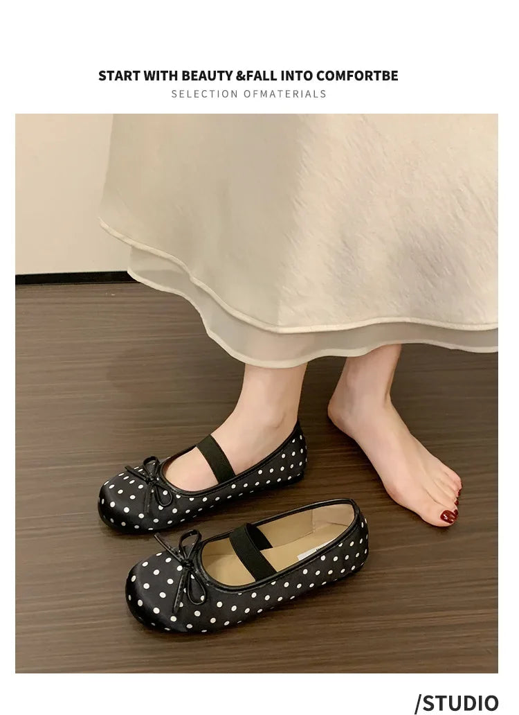 Polka Dot Women Ballet Flats Comfortable Round Toe Elastic Band Shoes Street Style Soft Sole Ladies Eelgant Wedding Dress Shoes