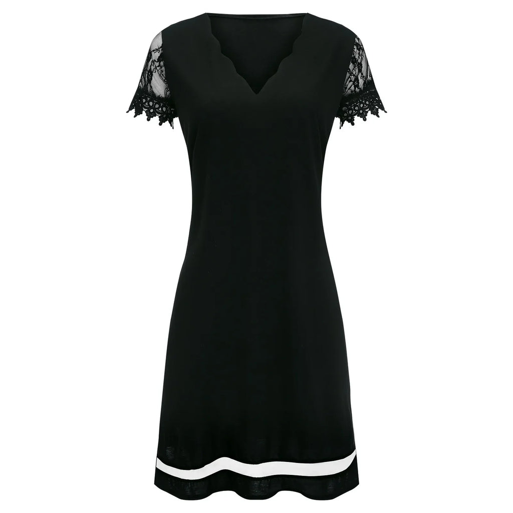 Womens Dresses Fashion Lace Mesh Patchwork Short Sleeve Bodysuit Clothes Elegant Temperament Party Knee Length Women Vestidos