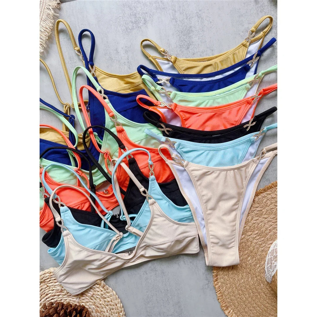 10 Colors V Neck Rhinestones Bikini Female Swimsuit Women Swimwear Padded Bather Bathing Suit Swim Two-pieces Bikini set K8138