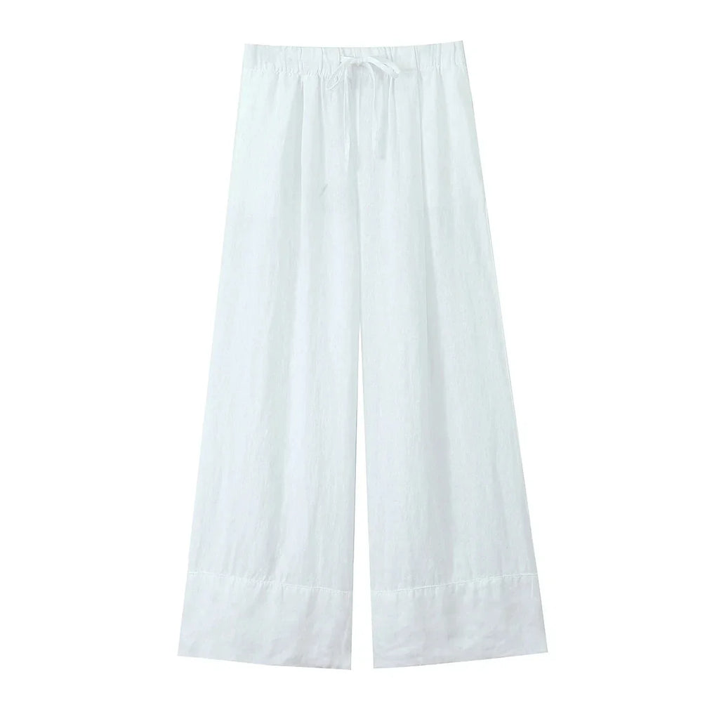 Foridol Cotton Linen White Long Pants Women Spring Summer Casual Wide Leg Pants Pantalones Elastic Waist Sash New Female Pants