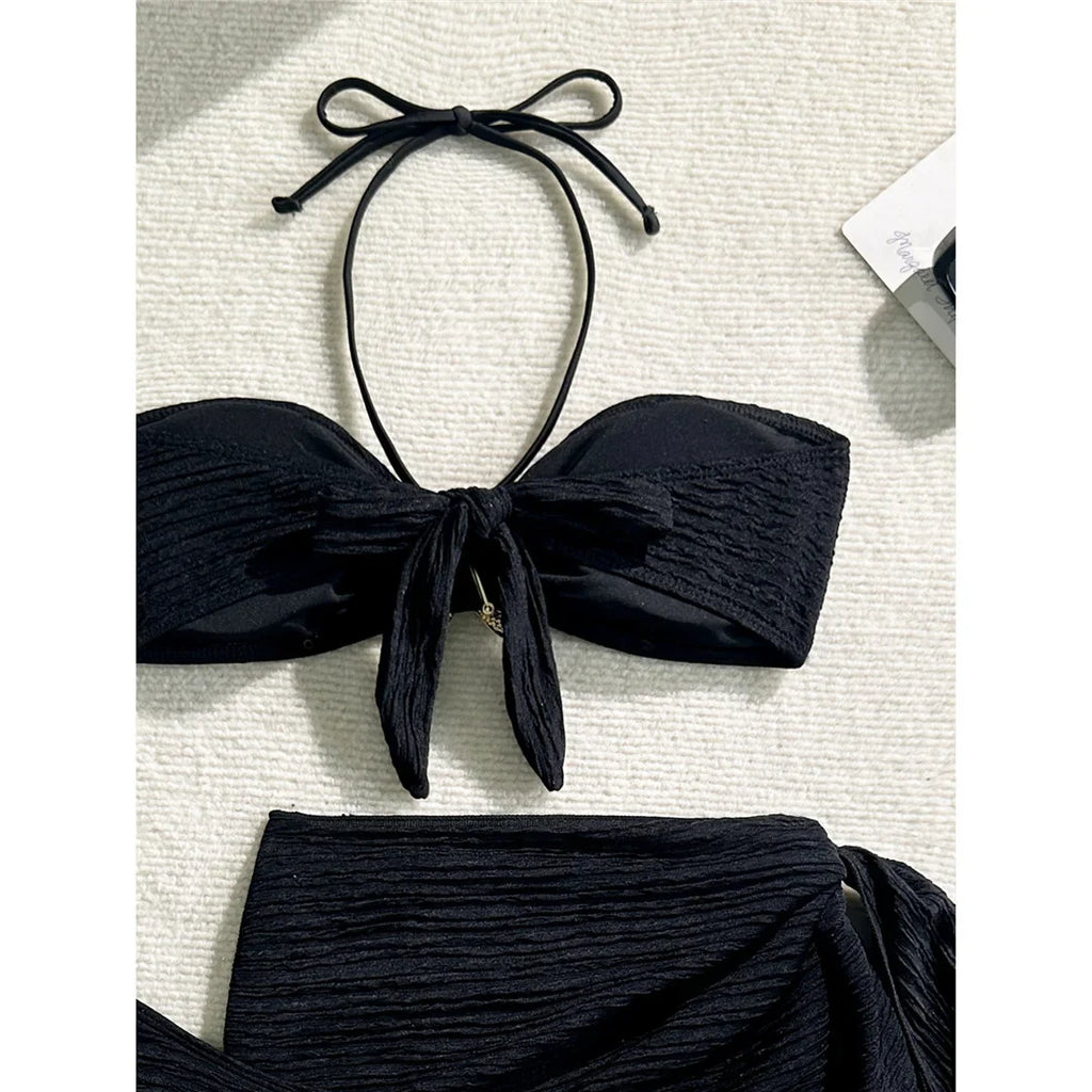 3PCS With Sarong Metal Star Halter Bikini Female Swimsuit Women Swimwear Three-Pieces Bikini Set Bather Bathing Suit Swim V7042