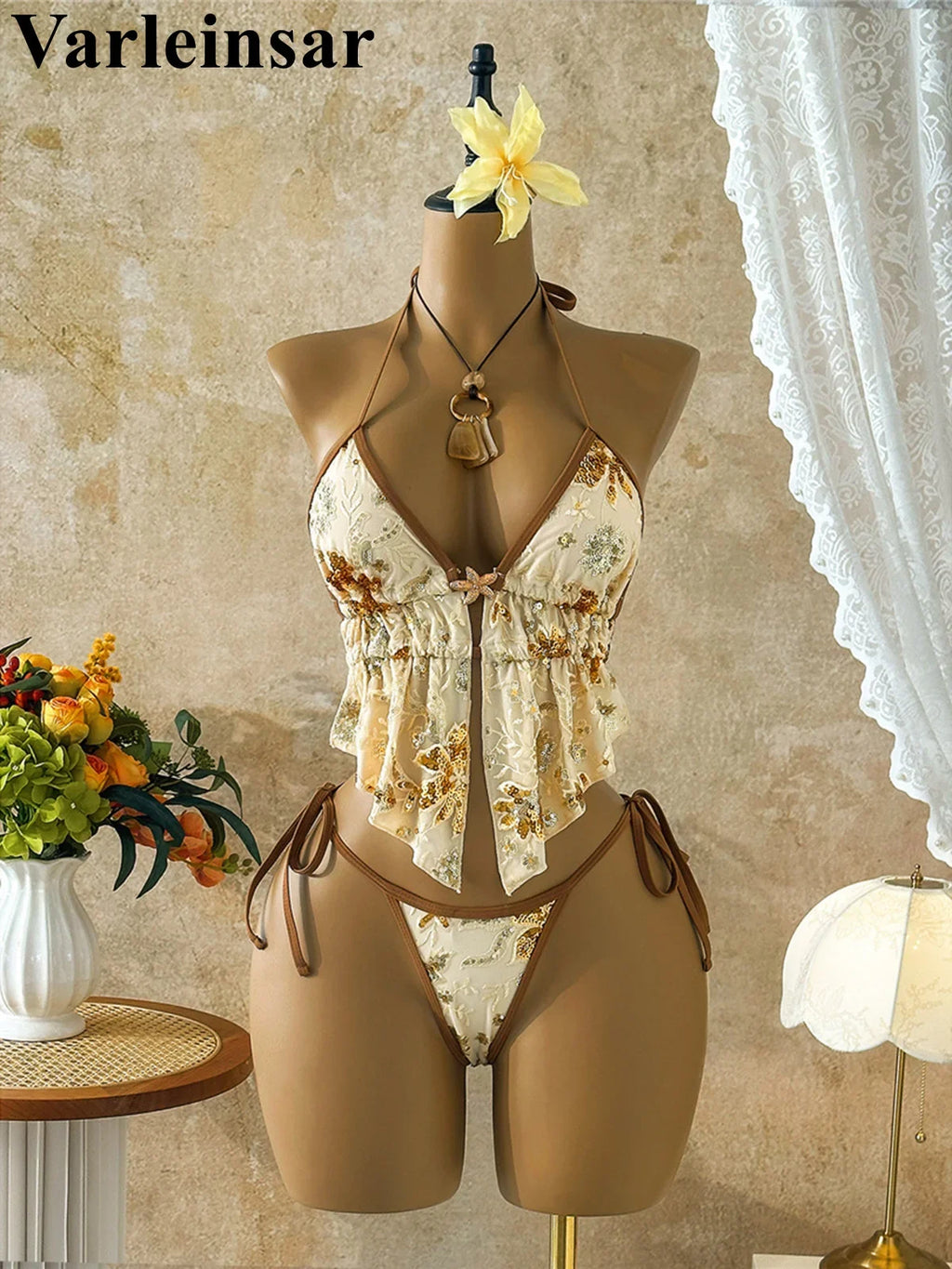 Glitter Sequin Printed Tankini Halter Bikini Women Swimwear Female Swimsuit Two-pieces Bikini set Bather Bathing Suit Swim V8067