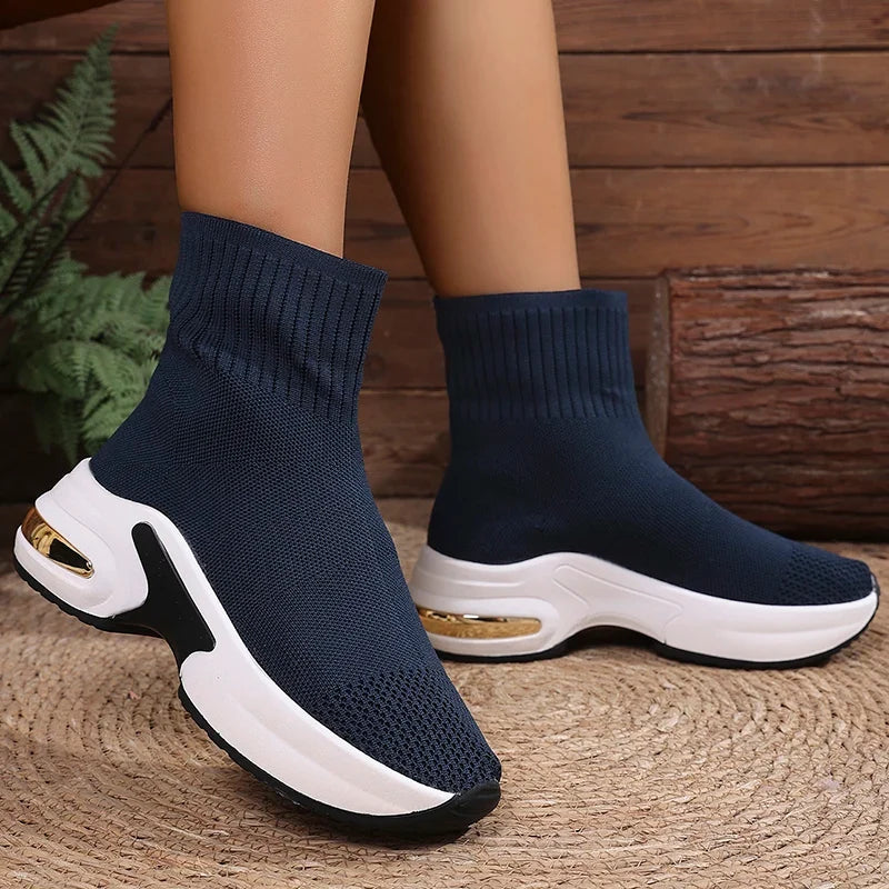 2025 Thick Bottom Knitted Ankle Boots Women Comfort Breathable Platform Sock Shoes Woman Plus Size Wedges Short Booties Mujer