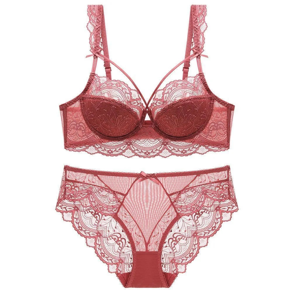 MOYISU Minimizer Bra French Lace for Large Bust, Anti Sagging Full Coverage Push Up Underwire Set, Sensuous Women Sexy Bra & Set