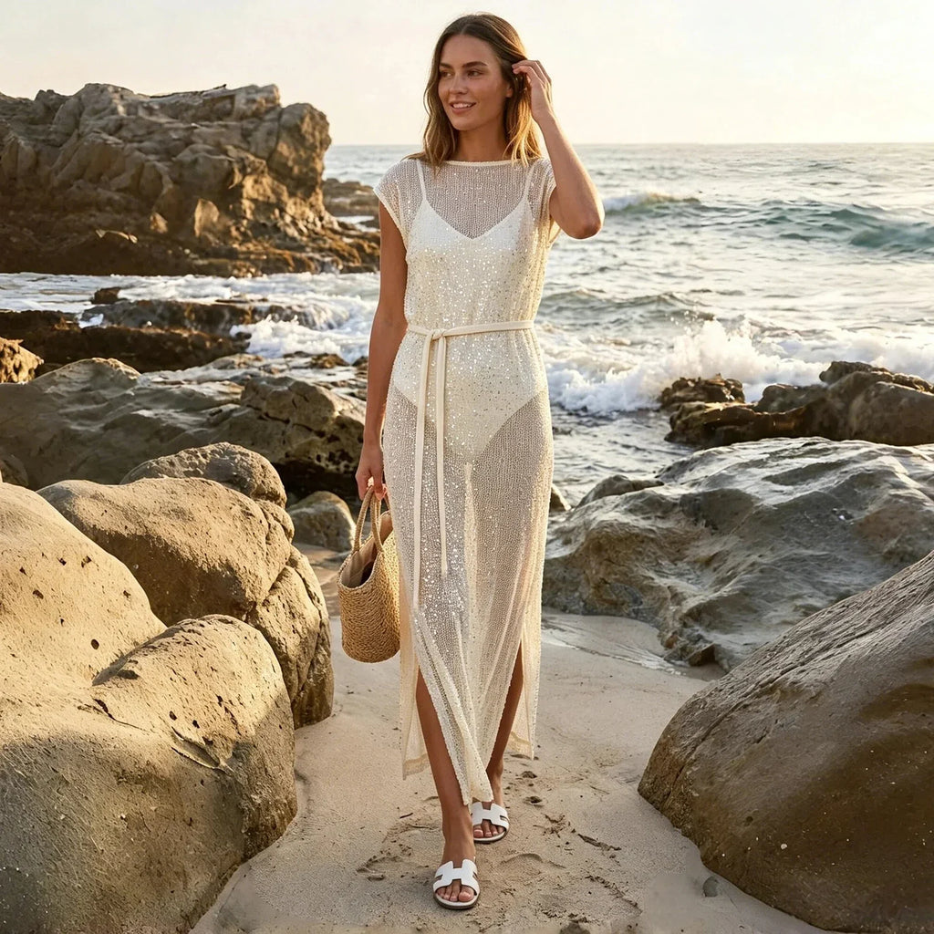 Women's Solid Color Knit Sheer Dress Summer Swim Cover Up Cap Sleeve Round Neck Sequin Dresses for Beach
