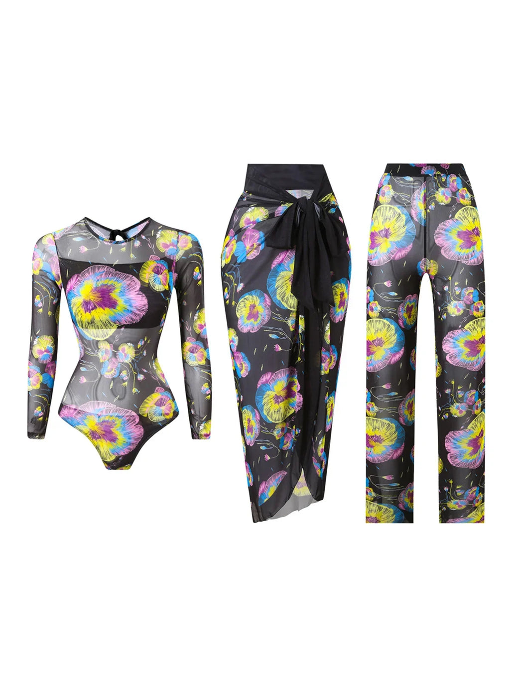 S - XXL 3PCS New Printed Long Sleeve With Pants Sarong Women Swimwear One Piece Swimsuit Female Bather Bathing Suit Swim K7180