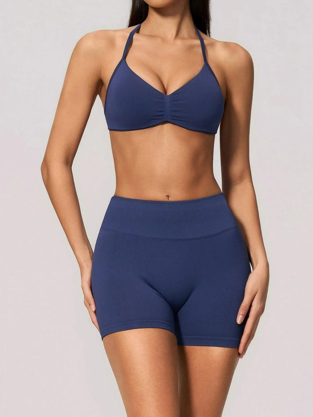 Seamless Yoga Suit Women Exposed Back Pleate Sports Bra High Waist Shorts Fitness Sets Outdoor Running Athletic Wear Tracksuit