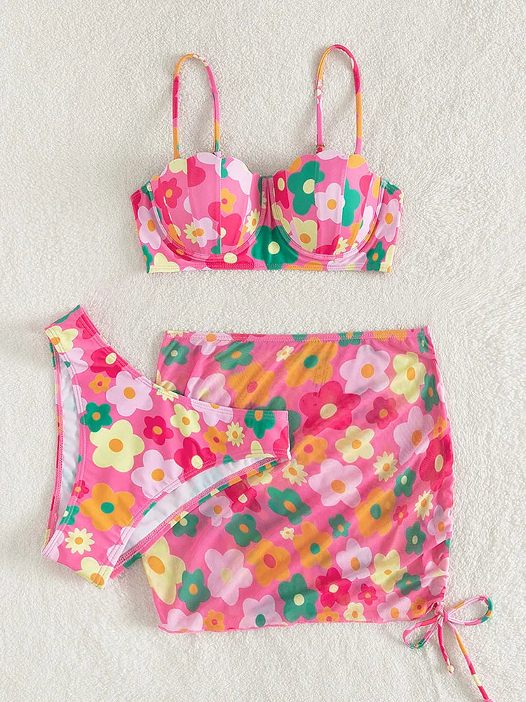 2024 New Sexy 3 Piece Bikinis Set Women Swimsuit with Skirt Swimwear Female Push Up Bikini Beachwear Faux Pearl Bathing Suit